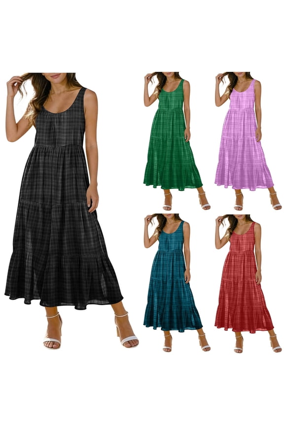 Gingham Dress for Women Trendy Loose Fit Midi Tank Dress Casual Flowy A Line Plaid Dress Plus Size Sundresses Navy 3XL