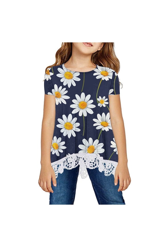 Girls Shirts Size 10 Cotton Fashion Daisy Graphic Tees Children Girls Comfy Crewneck Tops Girls Clothes Short Sleeve T-shirts
