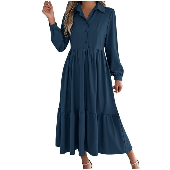 Oksale Half Button Dress for Women Trendy Ruffle Lapel Dresses Flowy Mid Length Dress Loose Long Sleeve Dresses Solid Color Fall Dress 2025 Navy M