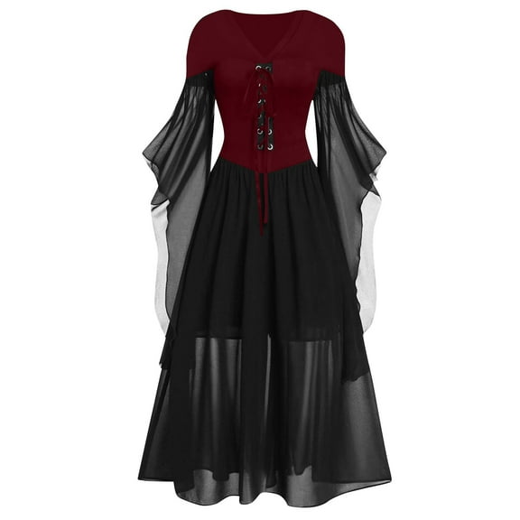Oksale Halloween Dresses for Women Trendy Patchwork Chiffon Dress Lace Corset Dresses Butterfly Sleeve Full Length Dress Casual V Neck Holiday Dresses Red M