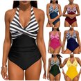 thumbnail image 1 of Oksale Halter Bathing Suits for Women One Piece Cross Front Striped Print Swimsuits Tummy Control Swimwear 2026 Army Green S, 1 of 7