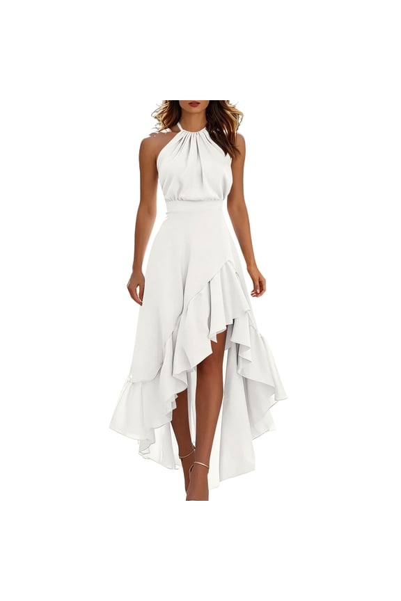 Halter Neck Dress for Women Elegant Trendy Asymmetrical Ruffle Hem Maxi Dress Cozy Sleeveless Summer Dresses for Wedding Guest White L