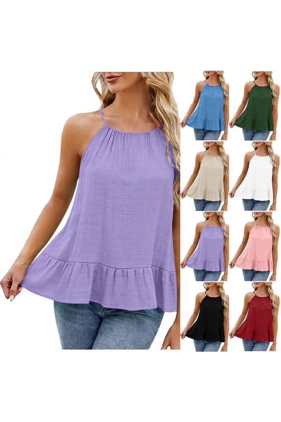 Halter Tops for Women Ruffle Hem Sleeveless Cotton Linen Tees Casual Comfortable Going Out Blouses Summer Top 2026 Red M
