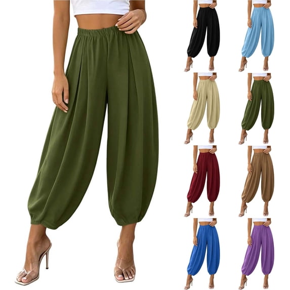 Oksale Harem Pants for Women Petite Trendy Loose Lantern Pants Elastic High Waist Ankle Pants Vacation Fashion Clothing Khaki M
