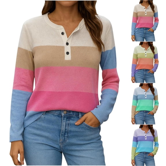 Oksale Henley Tops for Women Long Sleeve Cotton Shirts Trendy Color Block Button Down Tees Casual Soft Comfortable Pullover for Going Out Blue S