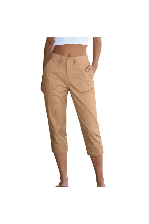 High Waisted Capris for Women with Pockets Slim Straight Leg Capri Pants Plus Size Casual Lightweight Summer Tapered Pants 2026 Khaki S