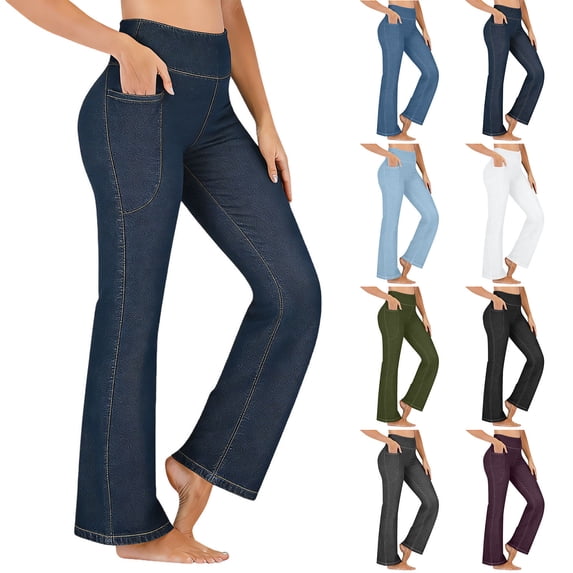 Oksale High Waisted Faux Jeans for Women with Pockets Plus Size Denim Print Flared Jeggings Casual Slim Fit Stretch Tummy Control Trousers Army Green L