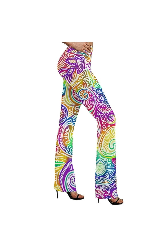 Hippie Pants for Women Vintage Print Yoga Pants High Waisted Flare Pants Casual Boho Trousers for Athletic Fall Jogger Purple M