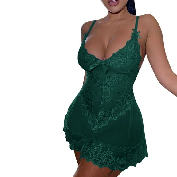 Oksale Hollow Out Mesh Lace Lingerie for Women Plus Size Mini Night Dress Deep V Neck Nightgown Sofy Comfortable Thin Pajamas for Home Green XXL