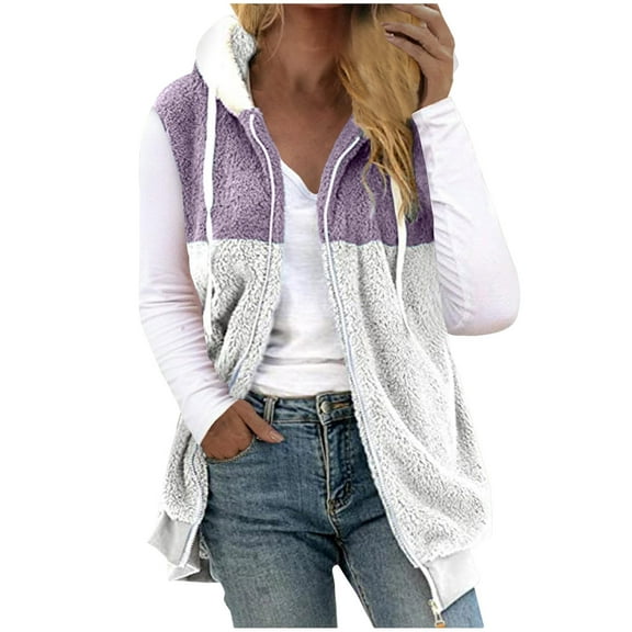 Oksale Hooded Fleece Vest for Women Plus Size Sleeveless Jackets with Pockets Zip Up Mid Length Jacket Color Block Vests Soft Comfort Drawstring Outwear Purple XXXL