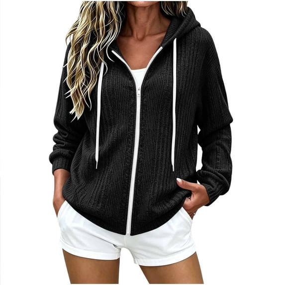 Oksale Hoodie Jacket for Women with Zipper and Pockets Long Sleeve Ribbed Knit Cardigan Casual Drawstring Fall Outfits Black S