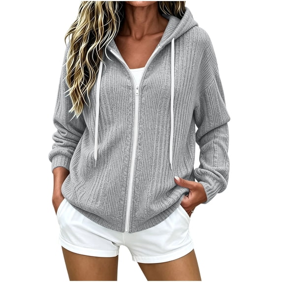 Oksale Hoodie Jacket for Women with Zipper and Pockets Long Sleeve Ribbed Knit Cardigan Casual Drawstring Fall Outfits Gray 2XL