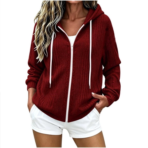 Oksale Hoodie Jacket for Women with Zipper and Pockets Long Sleeve Ribbed Knit Cardigan Casual Drawstring Fall Outfits Wine M