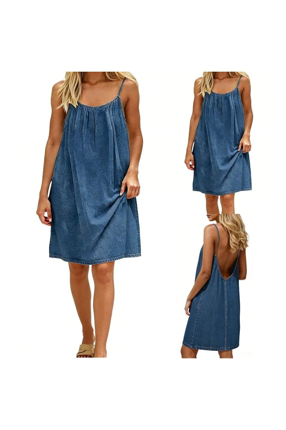 Jean Dress for Women Adult Backless Cami Dresses Spaghetti Strap Pleated Mini Denim Dress Cozy Loose Fit Summer Dresses Blue M