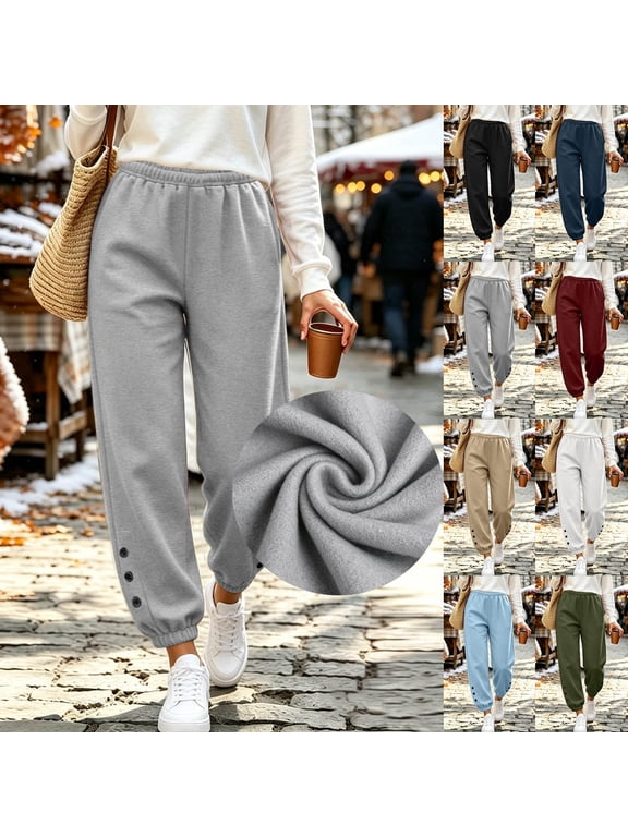 Jogger Sweatpants for Women Petite Casual Elastic Waisted Sweat Pants with Pockets Button Decor Elastic Bottoms Fashion Outfits Black S