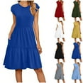 thumbnail image 1 of Oksale Knee Length Dress for Women Trendy Cap Sleeve Casual Summer Dresses Flowy A Line Midi Dress with Pockets Blue 2XL, 1 of 6