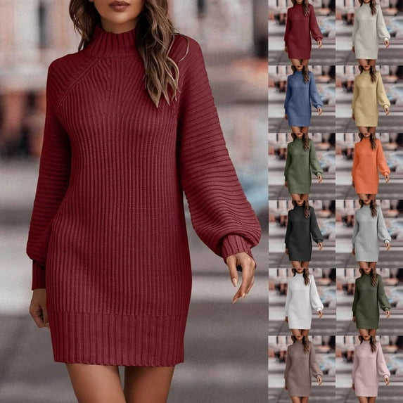Oksale Knit Dresses for Women Trendy Mock Neck Mini Dress Loose Long Sleeve Sweater Dresses Solid Color Fall Dress 2025 Soft Cozy Dress Orange S