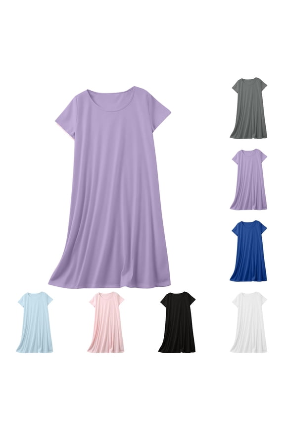 Knit Night Gowns for Women Lightweight Cotton Pajama Dress Casual Crew Neck Sleep Shirts Short Sleeve Night Dress Loose Fit Soft Loungewear Purple M