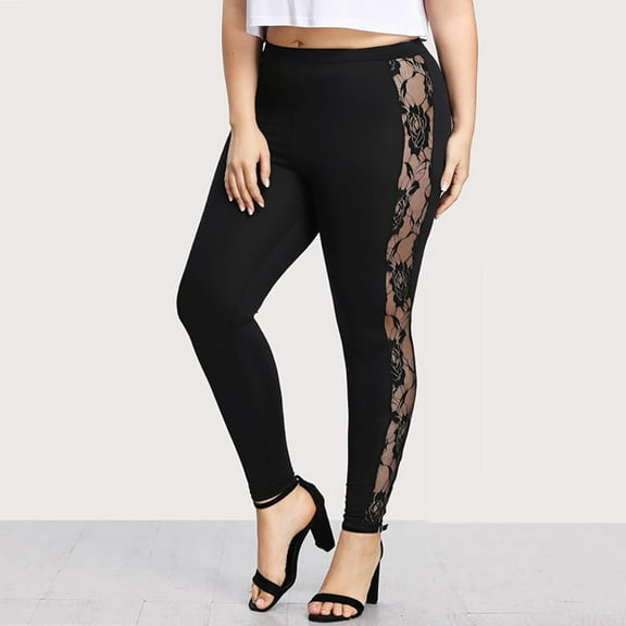 Oksale Lace Patchwork Leggings for Women Plus Size Hollow Out Yoga Pants Elastic Waisted Gym Tights Ultra Lightweight Fall Trousers Black XL