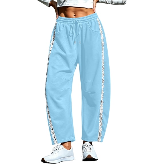 Oksale Lace Sweatpants for Women Trendy Petite Barrel Pants with Pockets Elastic Drawstring Waisted Sweat Pants 2026 Blue 2XL