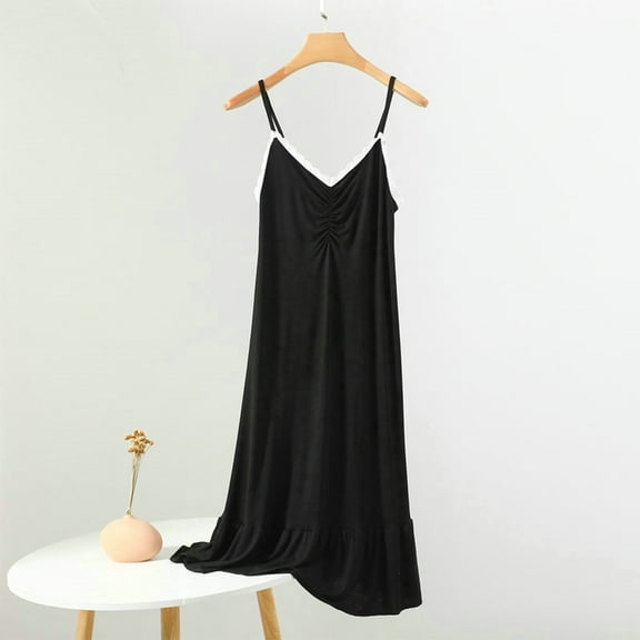 Oksale Lace Trim Slip Sleep Dress for Women Elastic Strap Mini Chemise Nightgown Trendy Ruffle Hem Nightdress Sleeveless Loungewear Black XL