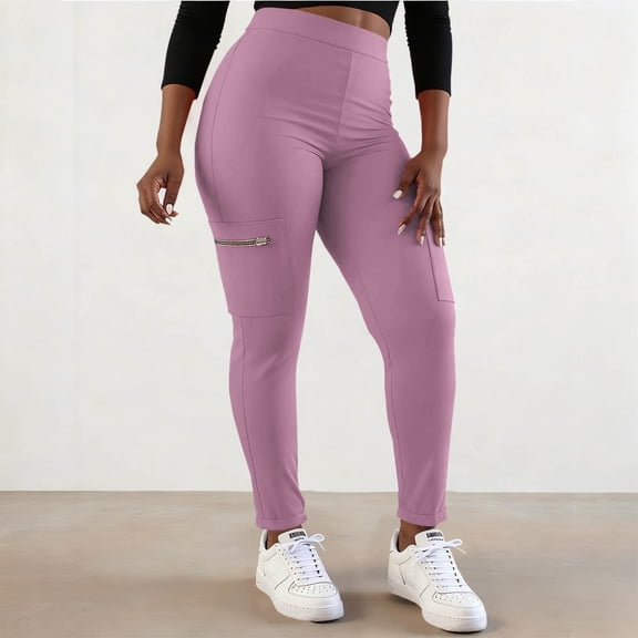 Oksale Leggings Pants for Women with Pockets Dressy Elastic High Waisted Yoga Pants Tummy Control Workout Sports Trousers Pink 2XL