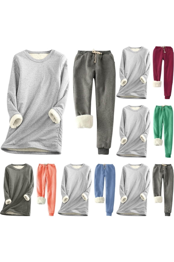 Lined Fleece Sweatsuit Set Women Plus Size 2 PC Sherpa Sweatshirts Warm Soft Cozy Drawstring Sweatpants Winter Fall Outfits Orange M