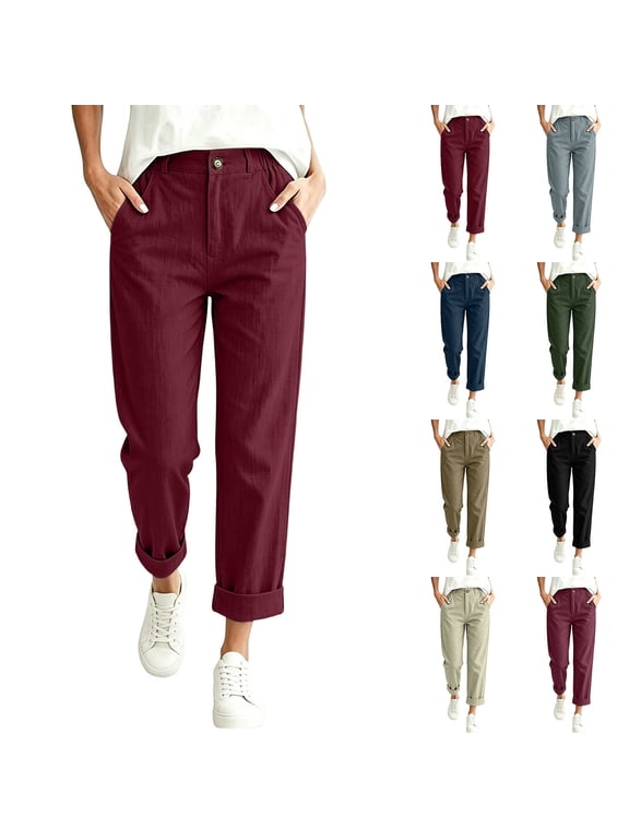 Linen Ankle Pants Women Casual Dressy Cuffed Hem Petite Pants with Pockets Lightweight High Waisted Button Summer Pants 2026 Army Green M
