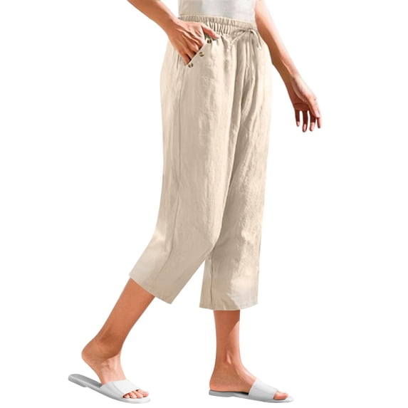 Oksale Linen Cotton Capri Pants for Women Lightweight Loose Straight Leg Summer Capris with Pockets Elastic Drawstring Waist Cropped Trousers 2026 Beige L