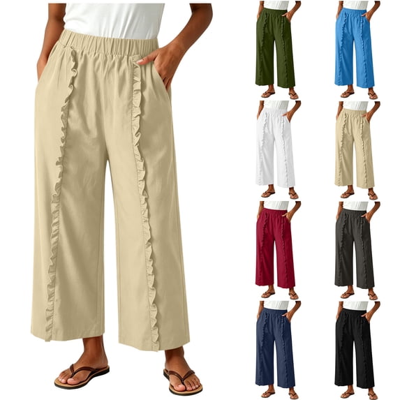 Oksale Linen Pants Women Petite Loose Wide Leg Ruffle Pull On Pants with Pockets Elastic Waist Summer Cotton Trousers Dark Gray M