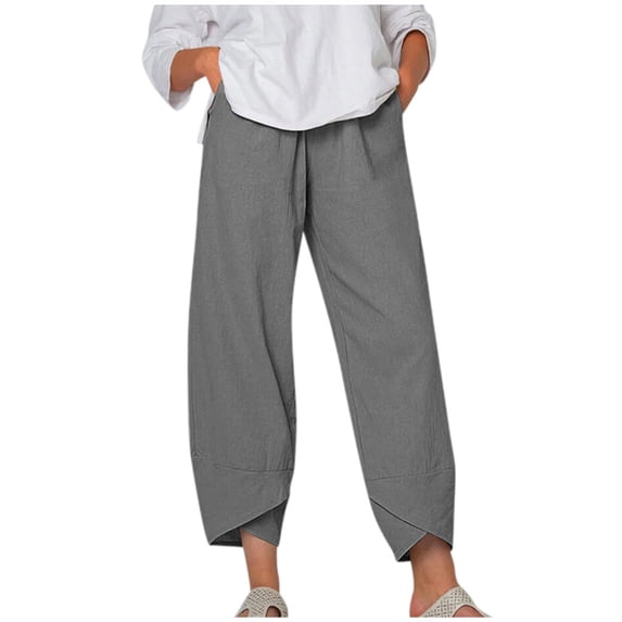 Oksale Linen Pants Women Petite Petal Hem Cotton Ankle Pants with Pockets Elastic Waisted Straight Leg Summer Casual Pants for Going Out Gray L