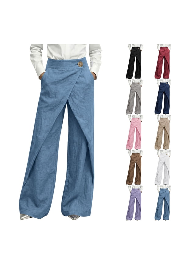 Linen Pants for Women Trendy Asymmetrical Wrap Palazzo Pants with Pockets Plus Size Elastic High Waisted Straight Leg Summer Pants Wine 2XL