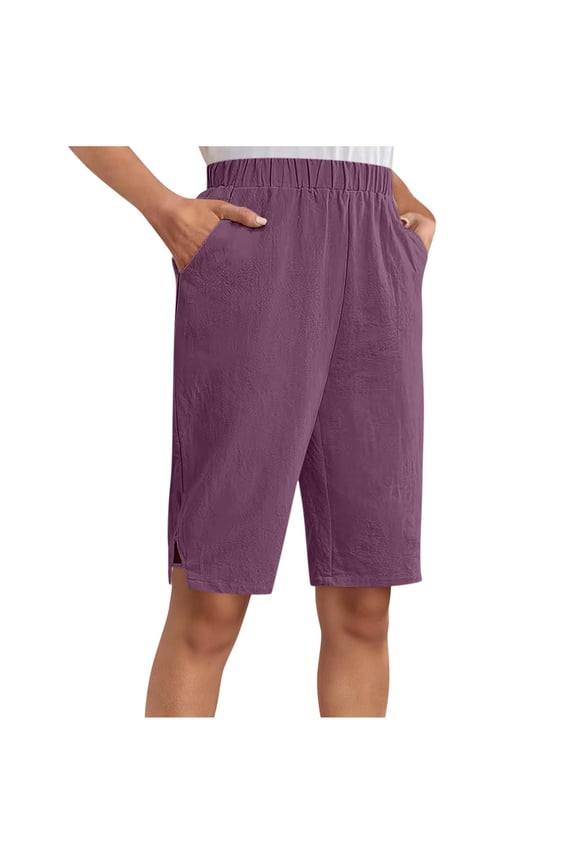 Linen Shorts for Women Trendy Side Split Knee Length Bermuda Shorts with Pockets Elastic High Waisted Lounge Shorts Purple XL