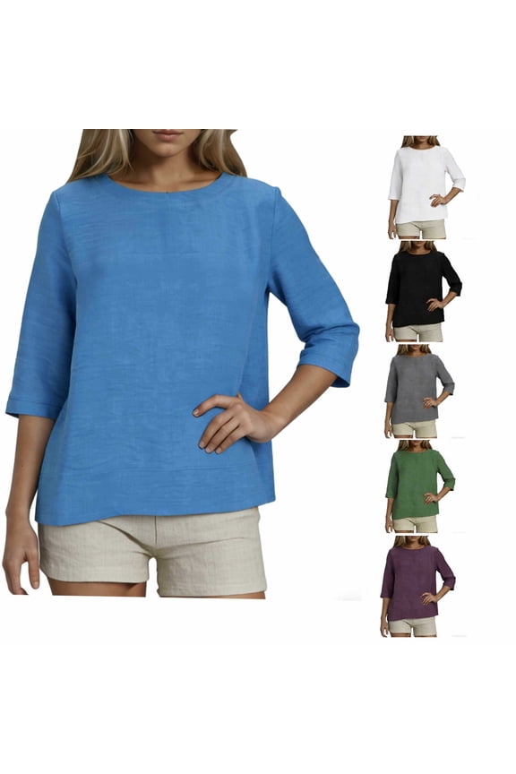 Linen Tops for Women 2026 Summer Loose 3/4 Length Sleeve Shirts Casual Crewneck Tees Solid Color Basic Tunic Clothing Green S