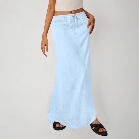 Oksale Long Maxi Skirts for Women Cozy Elastic Drastring Cotton Linen Skirt Lightweight Breathable Summer Skirts for Going Out Light Blue XL
