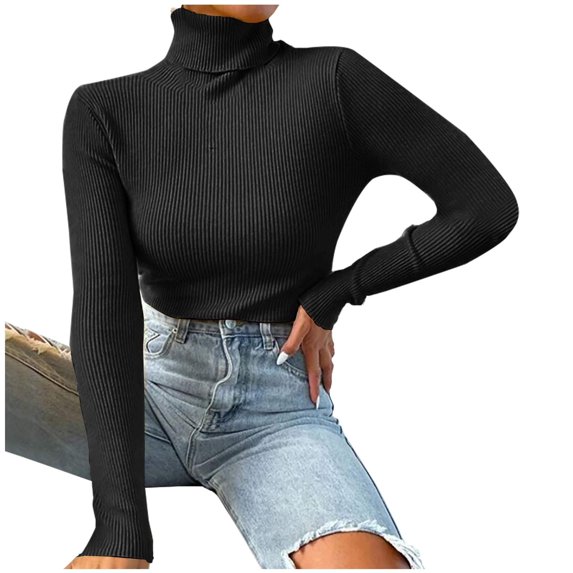Oksale Long Sleeve Turtleneck Sweaters for Women Trendy Ribbed Knit Sweater Slim Fit Solid Color Winter Tops for Holiday 2025 Black S