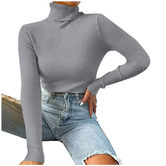 Oksale Long Sleeve Turtleneck Sweaters for Women Trendy Ribbed Knit Sweater Slim Fit Solid Color Winter Tops for Holiday 2025 Gray S
