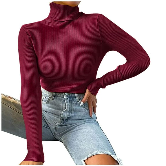 Oksale Long Sleeve Turtleneck Sweaters for Women Trendy Ribbed Knit Sweater Slim Fit Solid Color Winter Tops for Holiday 2025 Wine S