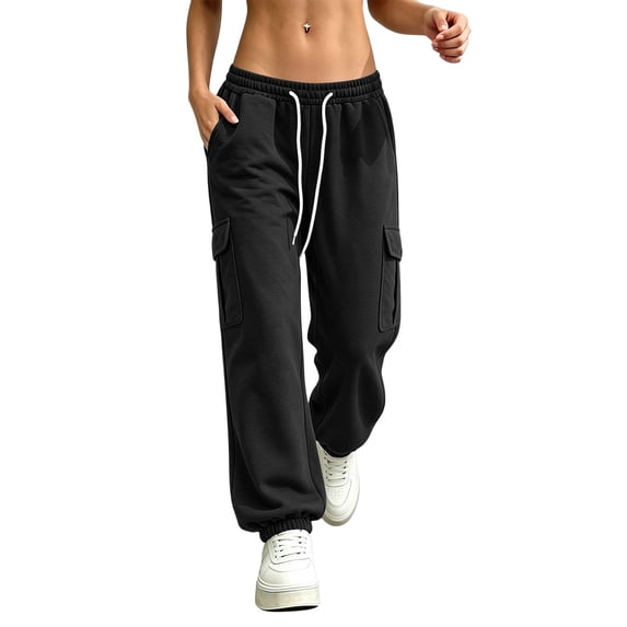 Oksale Low Rise Sweatpants for Women with Pockets Elastic Drawstring Waisted Petite Cargo Sweat Pants Casual Loose Comfy Joggers for Running Black S