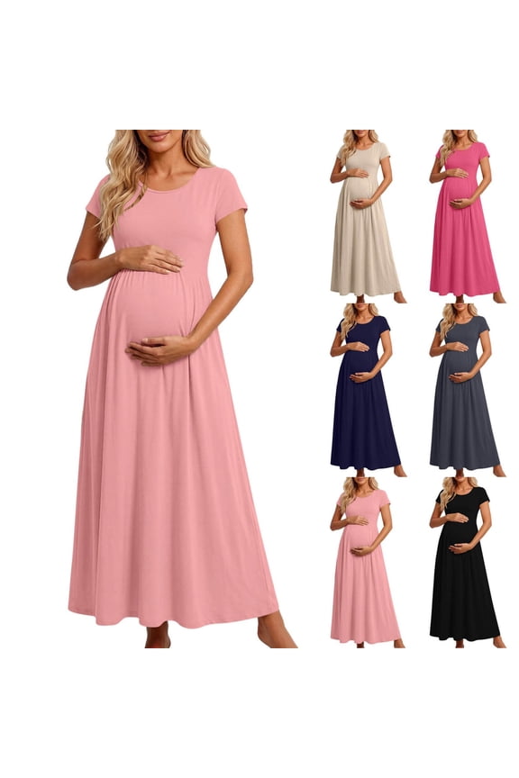 Maternity Dress for Baby Shower Plus Size Womens Maxi Dresses Cozy Short Sleeve Summer Dress Casual Round Neck Dress 2026 Pink M