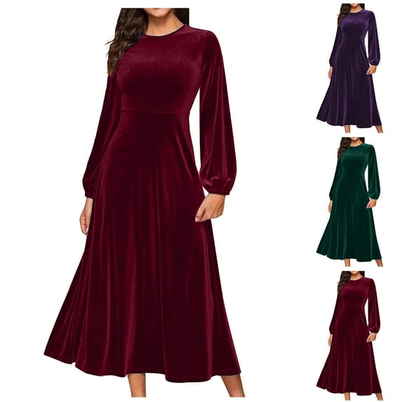 Oksale Maxi Velvet Dresses for Women Elegant Flowy A Line Dress Puffle Sleeve Dresses Casual Crewneck Dresses Solid Color Formal Dress Army Green L