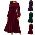 thumbnail image 1 of Oksale Maxi Velvet Dresses for Women Elegant Flowy A Line Dress Puffle Sleeve Dresses Casual Crewneck Dresses Solid Color Formal Dress Wine L, 1 of 7