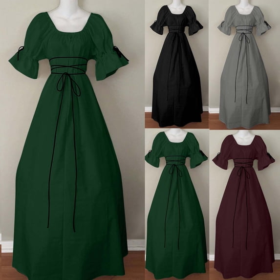 Oksale Medieval Dress Women Elegant Vintage Flare Short Sleeve Ball Gowns Square Neck Gothic Dress Floor Length Renaissance Dress Green S