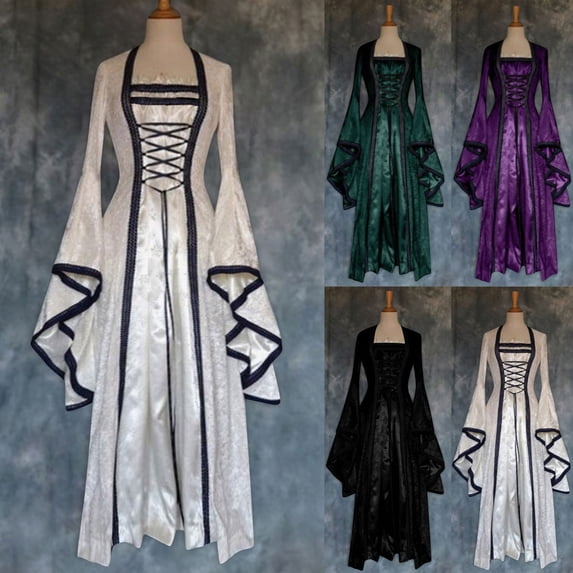 Oksale Medieval Dress for Women Elegant Retro Flare Long Sleeve Eyelet Plus Size Renaissance Lace Up Square Neck Maxi Evening Gown White L