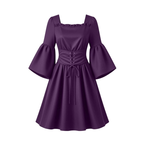 Oksale Medieval Dress for Women Elegant Vintage Flared Sleeve Lace Up Midi Dresses Halloween Square Neck Renaissance Dress 2026 Purple M