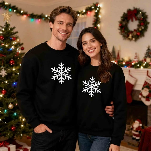 Oksale Men Womens Matching Christmas Sweatshirts Plus Size Funny Snowflake Graphic Pullover Comfy Long Sleeve Shirts Fall Couples Tops Black L