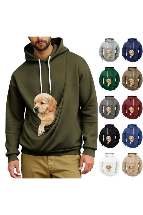 Men's Cat Dog Pouch Fleece Sweatshirts with Hood Pet Carrier Kangaroo Pouch Hoodies Loose Long Sleeve Winter Shirts Soft Warm Tops Army Green L