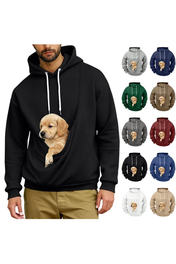 Men's Cat Dog Pouch Fleece Sweatshirts with Hood Pet Carrier Kangaroo Pouch Hoodies Loose Long Sleeve Winter Shirts Soft Warm Tops Black L