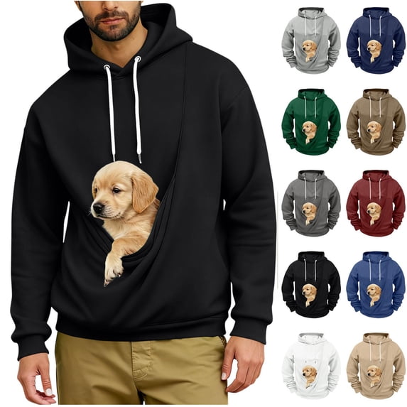 Oksale Men's Cat Dog Pouch Fleece Sweatshirts with Hood Pet Carrier Kangaroo Pouch Hoodies Loose Long Sleeve Winter Shirts Soft Warm Tops Black M