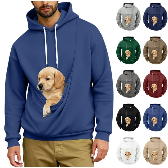 Oksale Men's Cat Dog Pouch Fleece Sweatshirts with Hood Pet Carrier Kangaroo Pouch Hoodies Loose Long Sleeve Winter Shirts Soft Warm Tops Blue 4XL